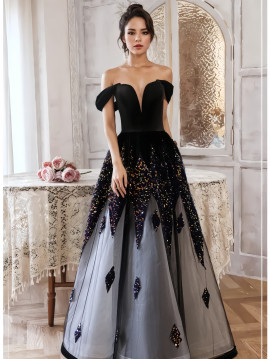 Shop 2024 ANNAKOO Black Off The Shoulder Beading Tulle Prom Dress Under 139
