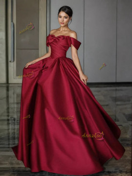 Shop 2024 ANNAKOO Burgundy Off The Shoulder Bow Satin Prom Dress Under 169