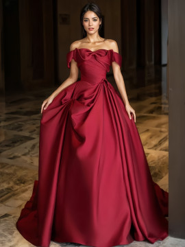Shop 2024 ANNAKOO Burgundy Off The Shoulder Bow Satin Prom Dress Under 169