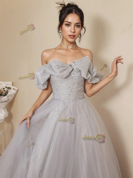 Shop 2024 ANNAKOO Off The Shoulder Gray Tulle Ruffles A Line Prom Dress Under 159
