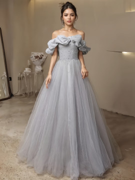 Shop 2024 ANNAKOO Off The Shoulder Gray Tulle Ruffles A Line Prom Dress Under 159