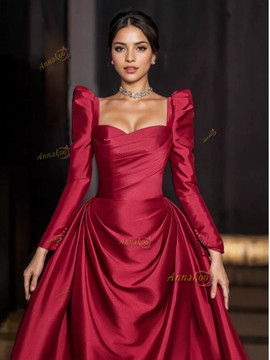 Shop 2024 ANNAKOO Long Sleeve Sweetheart Ruched Satin Burgundy A Line Prom Dress Under 159