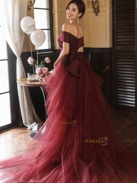 Shop 2024 Annakoo Off The Shouler Detachable Train Satin Burgundy Prom Dress Under 139