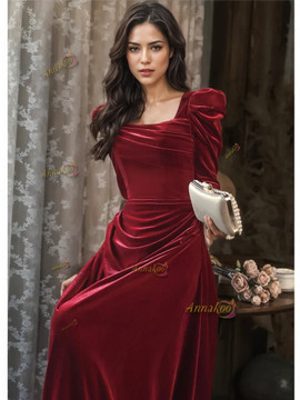Shop 2024 ANNAKOO Long Sleeve Velvet Square Burgundy Prom Dress Under 139
