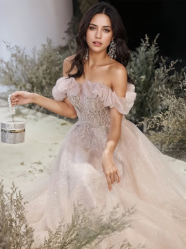 Shop 2024 ANNAKOO Light Pink Tulle Off The Shoulder Beading Prom Dress Under 159