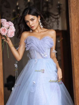 Shop 2024 ANNAKOO  Off The Shoulder Blue Tulle Flowers A Line Prom Dress Under 159