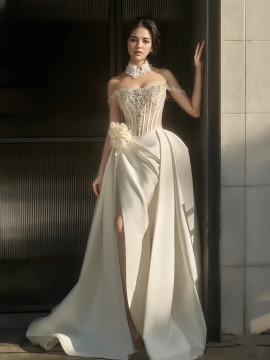 Shop 2024 ANNAKOO Off The Shoulder Satin Beading A Line Wedding Dress With Slit Under 298
