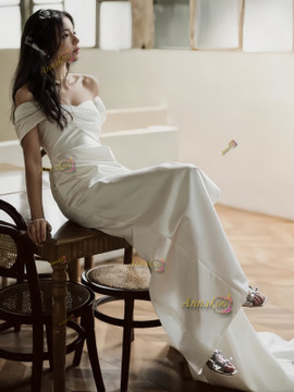 Shop 2024 ANNAKOO Off The Shoulder Ruched Satin Trumpet Mermaid Wedding Dress Under 149