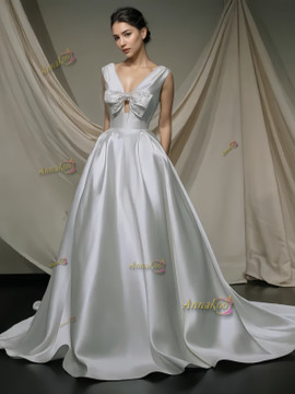 Shop 2024 ANNAKOO V Neck A Line Beading Bow Satin Wedding Dress With Pockets Under 189