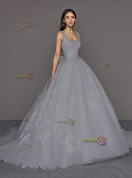 Shop 2024 ANNAKOO Gray Tulle A Line Square Neck Flower Wedding Dress Under 249
