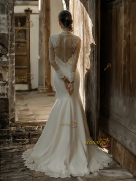Shop 2024 ANNAKOO Lace High Neck Sheer Trumpet Mermaid Long Sleeve Wedding Dress Under 198