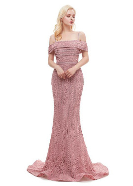  Pink Lace Spaghetti Straps Long Mermaid Prom  Evening Dress