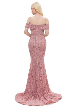  Pink Lace Spaghetti Straps Long Mermaid Prom  Evening Dress