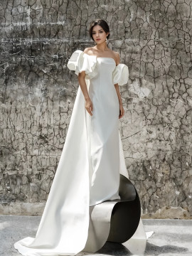 Shop 2024 ANNAKOO Satin Off The Shoulder Trumpet Mermaid Puffy Sleeves Wedding Dress Under 189