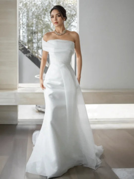 Shop 2024 ANNAKOO Satin A Line Ruched Off The Shoulder Sweep Train Wedding Dress Under 179