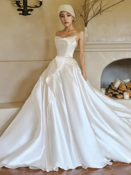 Shop 2024 ANNAKOO Sweetheart Ruched Satin A Line White Wedding Dress Under 249