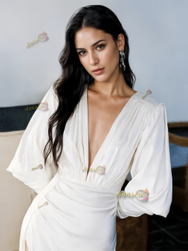 Shop 2024 ANNAKOO Long Sleeve V Neck A Line White Wedding Dress With Slit Under 189