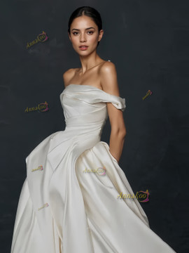 Shop 2024 ANNAKOO Off The Shoulder White Satin A Line Wedding Dress With Pockets Under 198