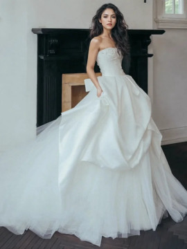 Shop 2024 ANNAKOO Strapless Tulle A Line Satin Ruched Beading Wedding Dress Under 298