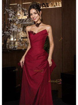 Shop 2024 ANNAKOO Detachable Sleeve Mermaid Ruched Flower Burgundy Prom Dress With Slit Under 169
