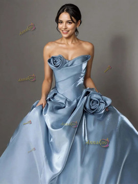 Shop 2025 ANNAKOO Blue Satin Ruched A Line Flower Prom Dress Under 258
