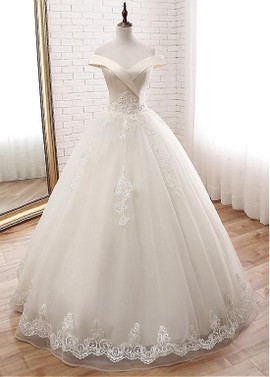 Off-the-shoulder Ball Gown Beading Tulle Wedding Dress 