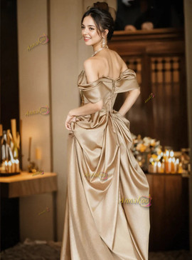 Shop 2025 ANNAKOO Champagne Satin Off The Shouldr Ruched A Line Prom Dress Under 169