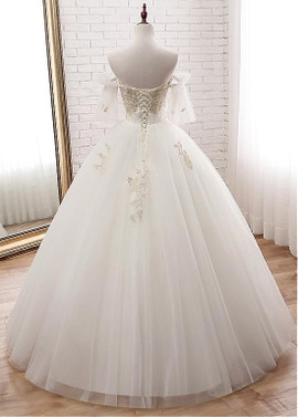 Tulle Off-the-shoulder Gold Appliques Ball Gown Wedding Dress