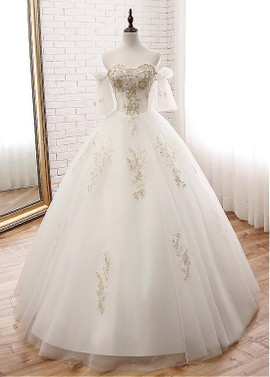 Tulle Off-the-shoulder Gold Appliques Ball Gown Wedding Dress