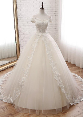 Beautiful Off-the-shoulder Beadings Ball Gown Wedding Dress 