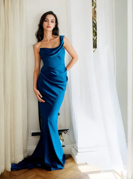 Shop 2025 ANNAKOO One Shoulder Satin Ruched Sheath Column Blue Prom Dress Under 129