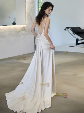 Shop 2025 ANNAKOO V Neck Satin Trumpet Mermaid Backless Wedding Dress Under 189