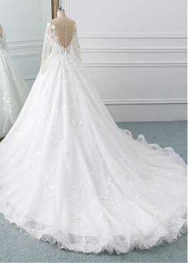 3D Flowers Appliques Lace Scoop Ball Gown Wedding Dress