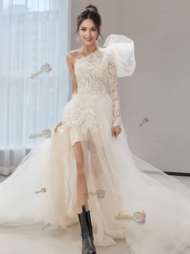 Shop 2024 ANNAKOO Champange Lace Long Sleeve High Low Wedding Dress Under 159