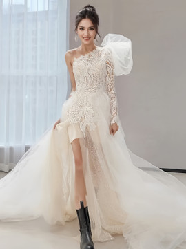 Shop 2024 ANNAKOO Champange Lace Long Sleeve High Low Wedding Dress Under 159