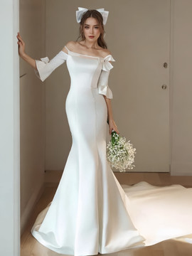 Shop 2024 ANNAKOO Half Sleeve Off The Shoulder Trumpet Mermaid Satin Bow Wedding Dress Under 167