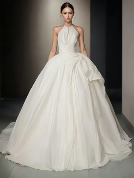 Shop 2024 ANNAKOO Halter Sleevess Satin Draped A Line Wedding Dress Under 239