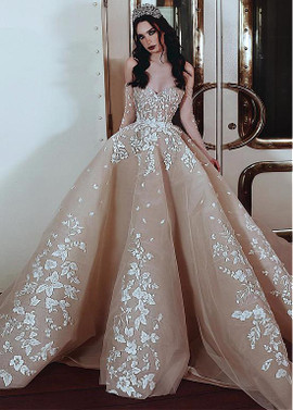  Tulle Off-the-shoulder Champagne Ball Gown Wedding Dress