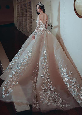  Tulle Off-the-shoulder Champagne Ball Gown Wedding Dress