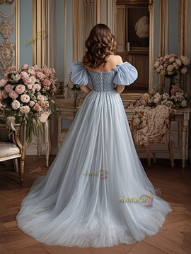 Shop 2024 ANNAKOO Off The Shoulder Puffy Sleeve Tulle Beading Prom Dress Under 279