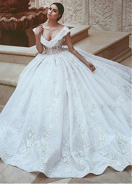Organza V-neck Long Appliques Ball Gown Wedding Dress