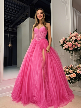 Shop 2025 ANNAKOO Sweetheart Hot Pink Tulle A Line Prom Dress With Slit Under 198