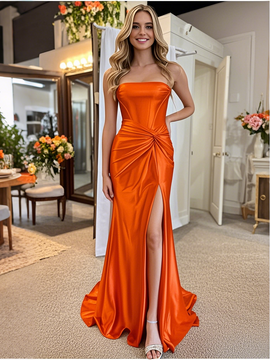 Shop 2025 ANNAKOO Orange Satin Draped Strapless Prom Dress With Slit Under 159