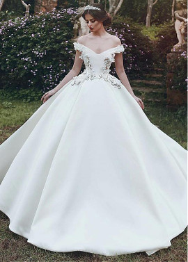 Satin Off-the-shoulder 3D Flowers Ball Gown Wedding Dress