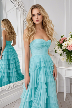 Shop 2025 ANNAKOO Light Blue Ruched Layers Tulle A Line Prom Dress Under 189