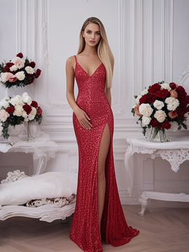 Shop 2025 ANNAKOO Spaghetti Straps Trumpet Mermaid Red Sequin Prom Dress With Slit Under 138