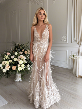 Shop 2025 ANNAKOO Feather V Neck Sheath Column Sheer Champagne Prom Dress Under 389