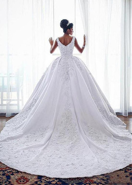Scoop Satin Ball Gown Beaded Appliques Wedding Dress
