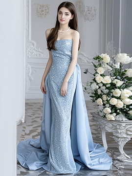 Shop 2025 ANNAKOO Blue Sweetheart Sheath Column Sequin Prom Dress With Detachable Train Under 239