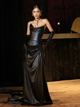 Shop 2025 ANNAKOO Satin Drape Floor Length Trumpet Mermaid Black Prom Dress Under 149